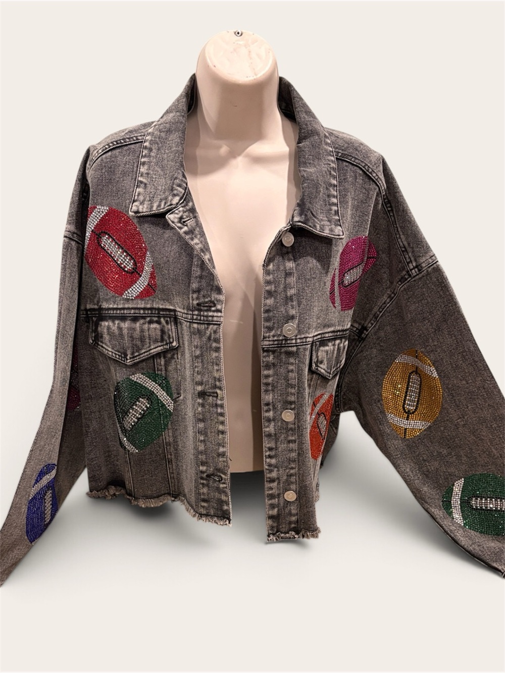 Peach Love California Gray Denim Jacket with Multicolor Sequin Footballs